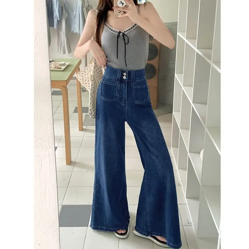 

Elastic High-Waisted Loose-Fit Women's Vintage Blue Jeans2025Slimming wide-leg pants for daily commuting, floor-length trousersi