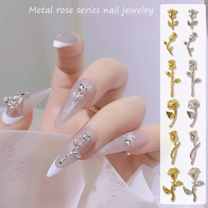 10Pcs Nail Art Alloy Rose Charms Luxury 3D Silver Rose Ornaments for DIY Nail Rhinestone Decorations