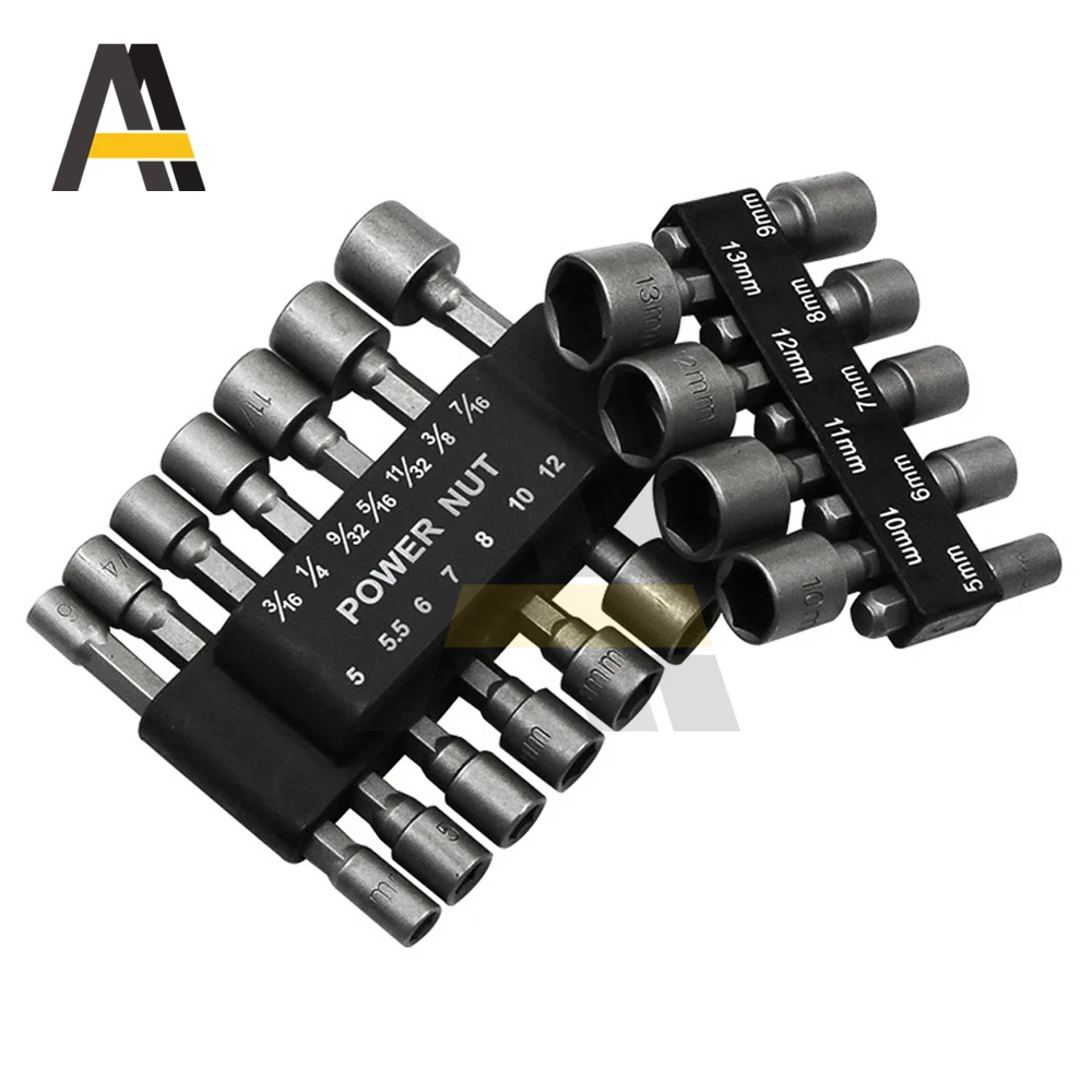 9pcs/14pcs Power Hand Driver Drill Metric Socket Wrench Set Driver Socket 3/16 1/4 9/32 5/16 11/32 3/8 7/16 Hex Shank Drill Bits