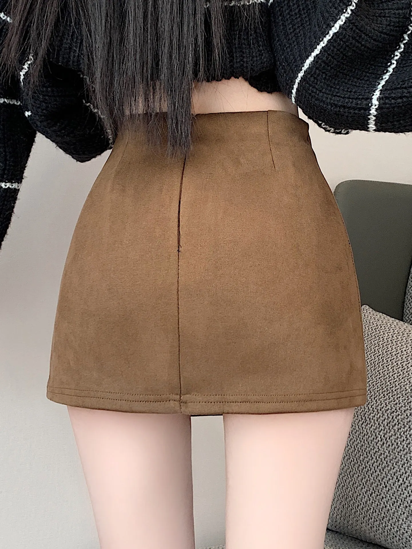 Brown Suede A-Line Skort for Women Fall Winter High-Waist Slimming Anti-Exposure Petite Hot Girl Mini Skirt Pants
