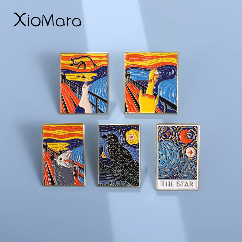 

Screaming Animals Oil Painting Enamel Pins Custom THE STAR Crow Brooches Lapel Badges Punk Jewelry Gift for Friends