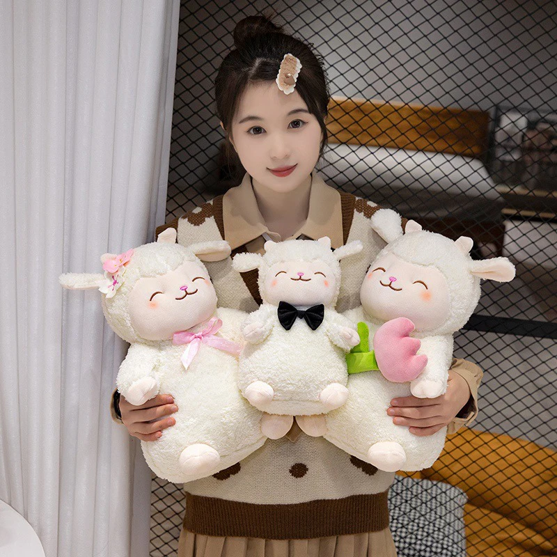 25CM Cute Lamb Hold Tulip Flower Pillow Plush Doll Toy Hugging Flower Lamb Bow Tie Gentleman Sheep Lady Lamb Soothing Toys Gifts