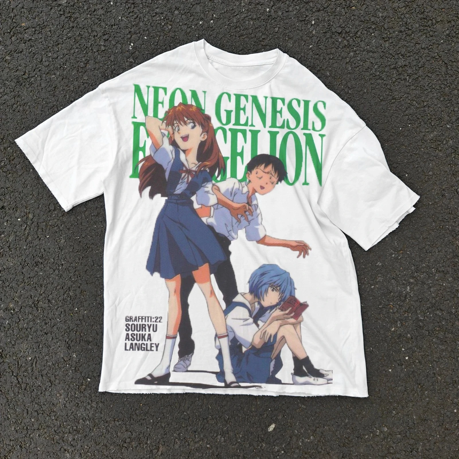 Camiseta Evangelion Asuka Shinji Rei de Algodón Grueso Desgastado Blanco Lavado, Manga Corta para Hombre y Mujer