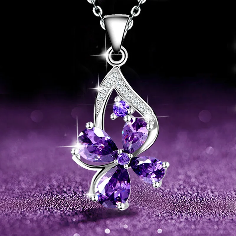 Classic Women's Fashion Income Shamrock Pendant Necklace Amethyst Gorgeous Jewelry Anniversary Birthday Engagement Party Gifts