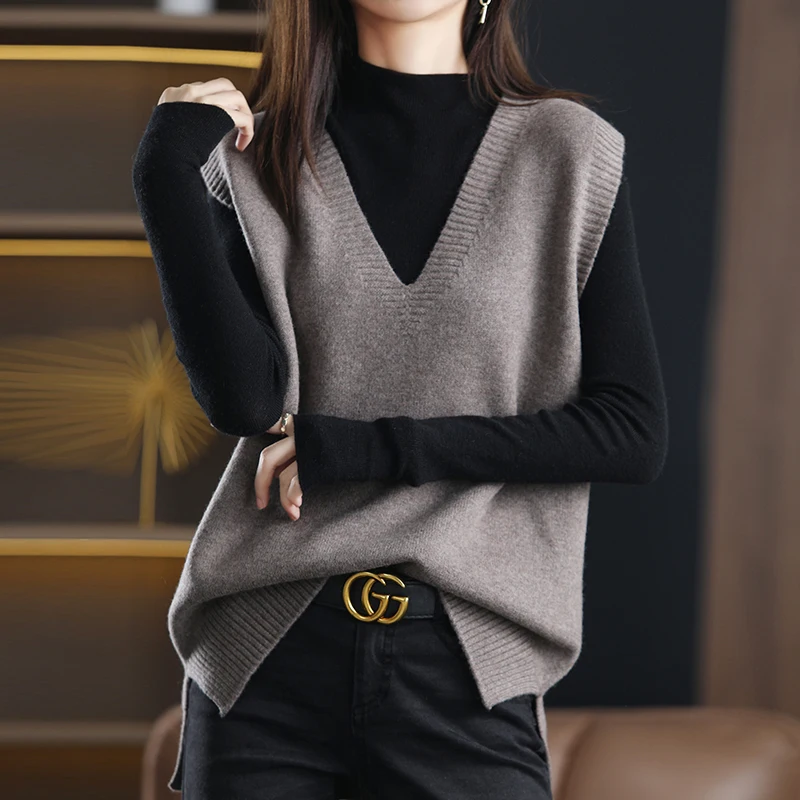 Outerwears V-Neck Black Knitted Women Sweater Vest New Sleeveless Knit Sweater Vest Women Tops Sweaters Sueters De Mujer Q2153