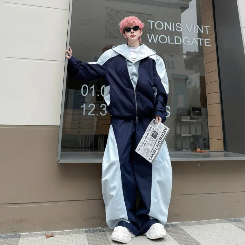WVGA Spring Autumn New Men Tide Hooded Color-Block Trendy Fake Two-Piece Jackets Niche Chic Casual Wide-Leg Pants Ins Set W18599