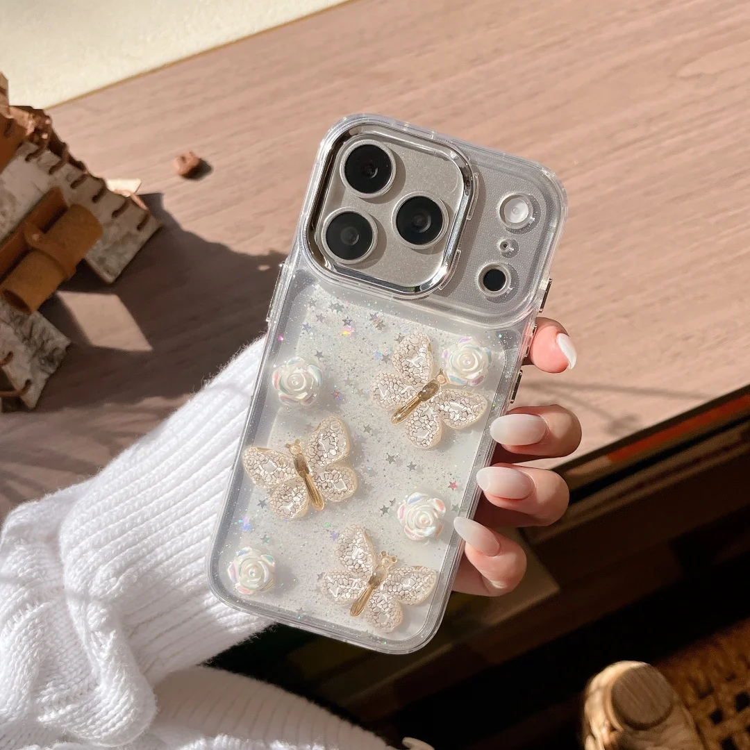 

Korea Silve 3D Butterfly Cartoon Flower Phone Case For iPhone 17 16 15 14 13 12 11 Pro Max Luxury Lovely Shockproof Back Cover