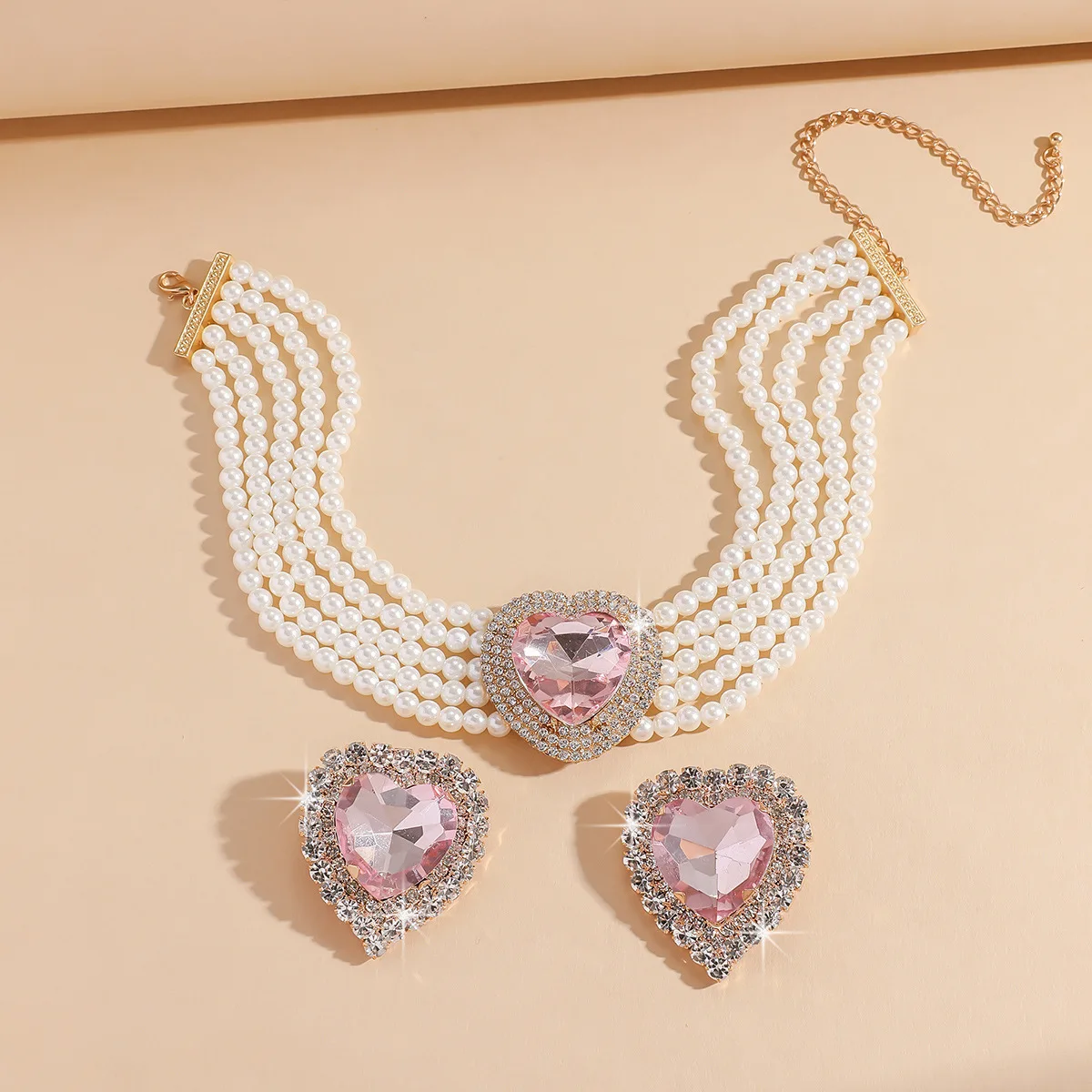 Trendy Jewelry Set for Women Gift Layered Pearl Romantic Heart Shape Necklace Earrings Set for Banquet Wedding Party Anniversary
