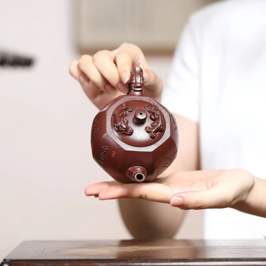 Eight-Sided Exquisite Yixing Clay Teapot Made From Pure Natural Purple Clay Hand-Carved Creatively Decorated A Creative Art P