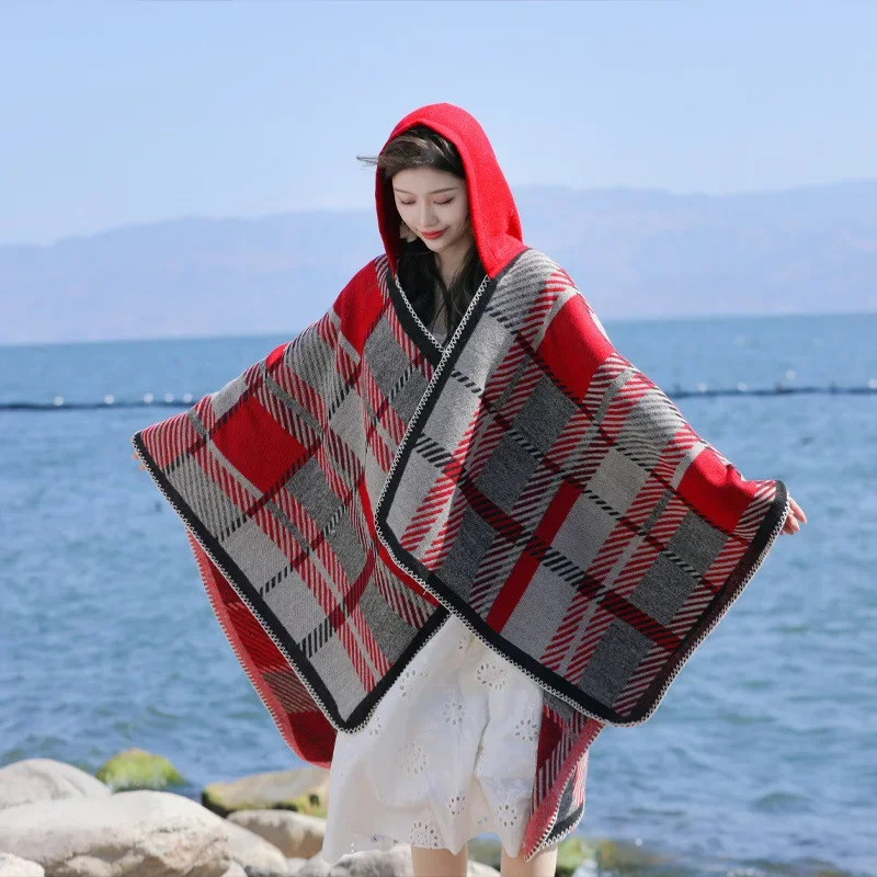 

Luxury Plaid Printing Hooded Blankets Loose Women Open Stitch Tassel Scarf Retro Style Cotton Mid-length Autumn Shawl T377