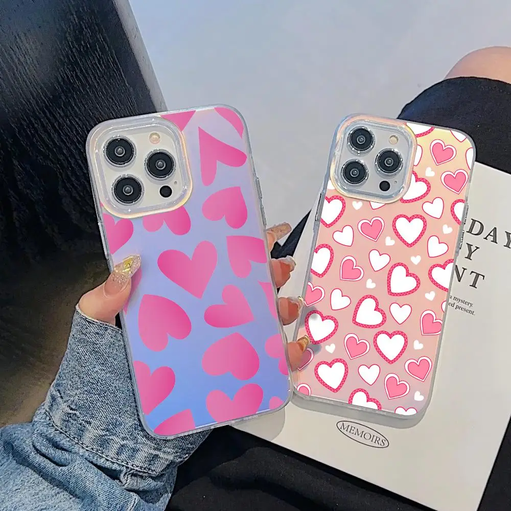 

Pink Heart Pattern Phone Case For iPhone 17 16 15 14 13 12 11 Pro Max Plus Transparent Aurora Laser Gradient Cover