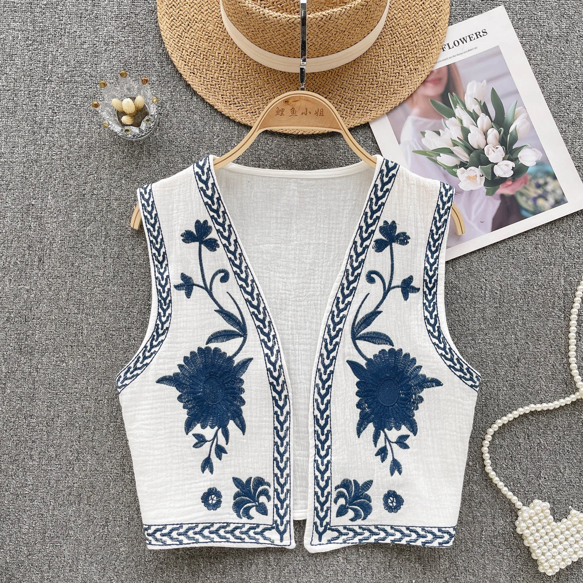 Vintage Floral Embroidery Cardigan Vest Women 2023 Summer New
