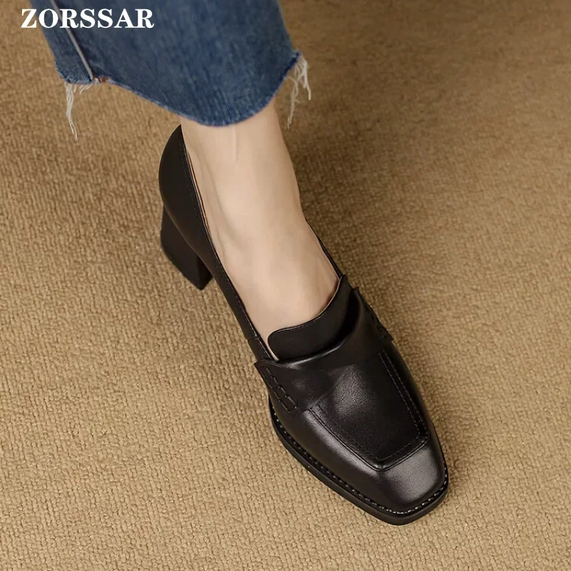 2024 Spring Women Loafers Leather High Heel Pumps Retro Slip On High Heels Office Ladies Shoes Elegant Chunky Heels Single Shoes