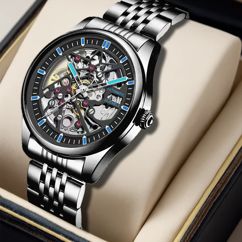 

Мужской черный стальной ремешок, модные спортивные автоматические механические часы с пентаграммой