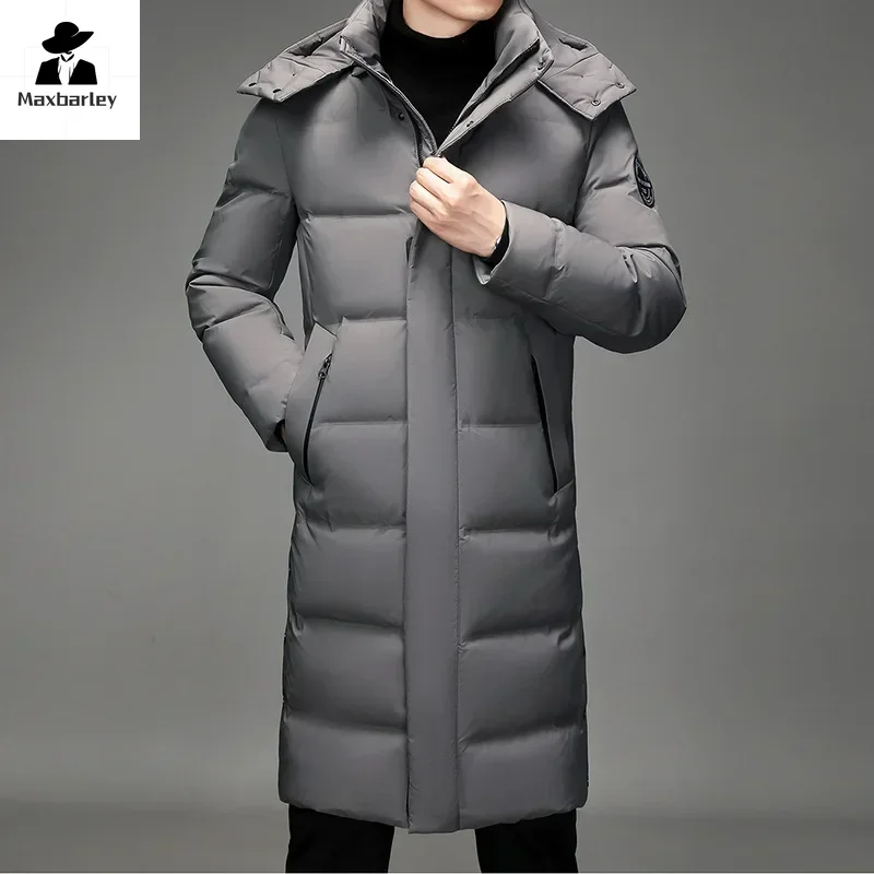 Winter Long Down Jacket Men's Light Luxury Fur Collar Hooded Windproof White Duck Down Warm Coat Korean Thick Snow Puffer Jacket