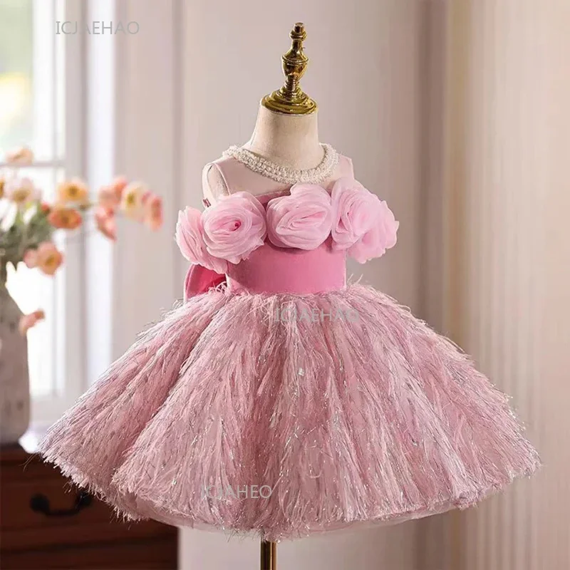 Pink Kids Girls Princess Dress Party Flower Wedding Children Birthday Puffy Gown Stage Host Model Show Pageant Formal Dresses