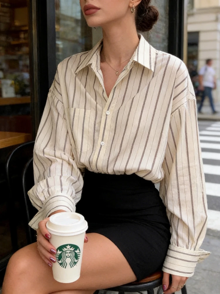 

Новые шикарные винтажные женские рубашки в корейском стиле 2026 года с длинным рукавом, весенние полосатые свободные блузки, осенние офисные элегантные топы с карманами