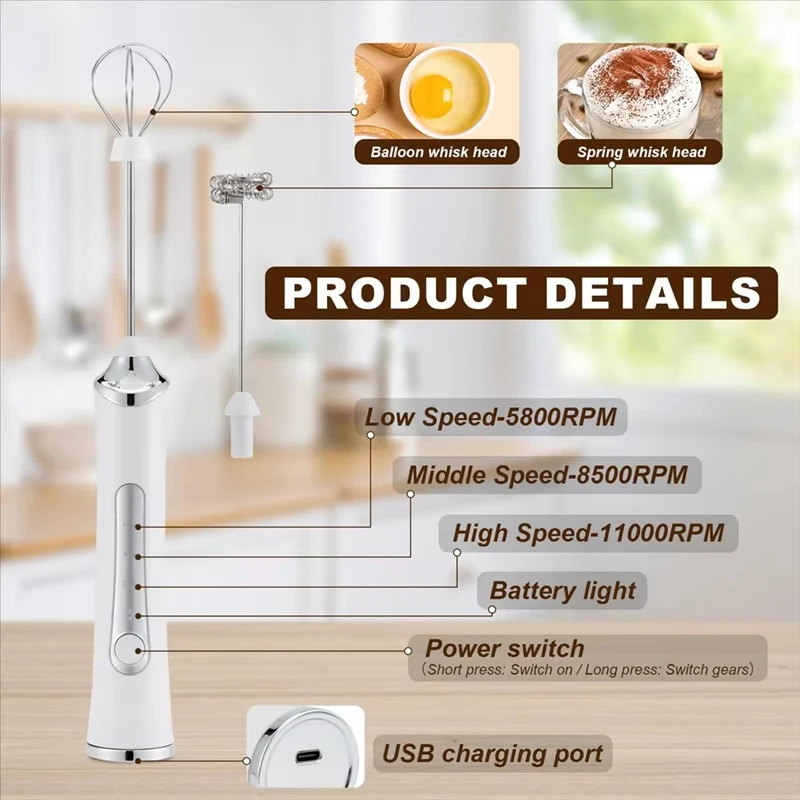 Kabelloser Milchaufschäumer, elektrischer Kaffee-Creme-Aufschäumer, Mini-Hand-Ei-Schläger, 3-Gang-Mixer, Milchshake-Batter-Mixer