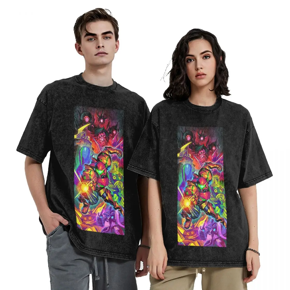Metroid II Return Of Samus Hip Hop Short Sleeve T-Shirts Washed Tops Tees Streetwear T Shirt Oversized for Men woman