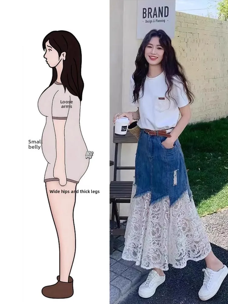 

Summer Fashion plus Size Matching Set Short Sleeve T-Shirt Lace Splicing Denim Skirt Anti-Aging High-End Ensemble
