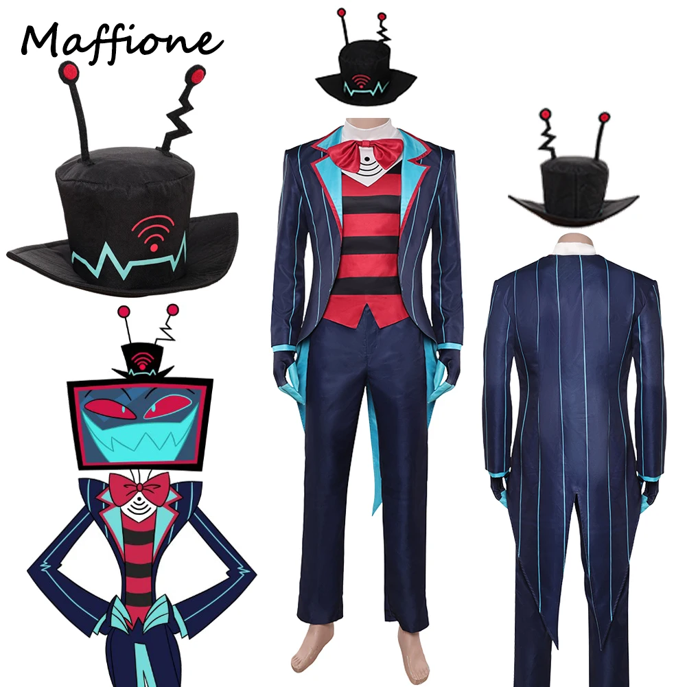 

Hotel TV Hell Inn VOX Cosplay Costume Hat Set Men Adult Male Disguise Role Fantasia Suits Gloves Vest Tops Coat Halloween Suit