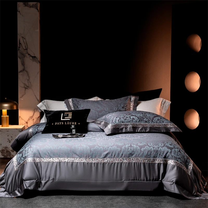 Vintage European 1000TC Egyptian Cotton Bedding Set Jacquard Fabric Metallic Embroidery Duvet Cover Flat Sheet Pillowcases 4Pcs