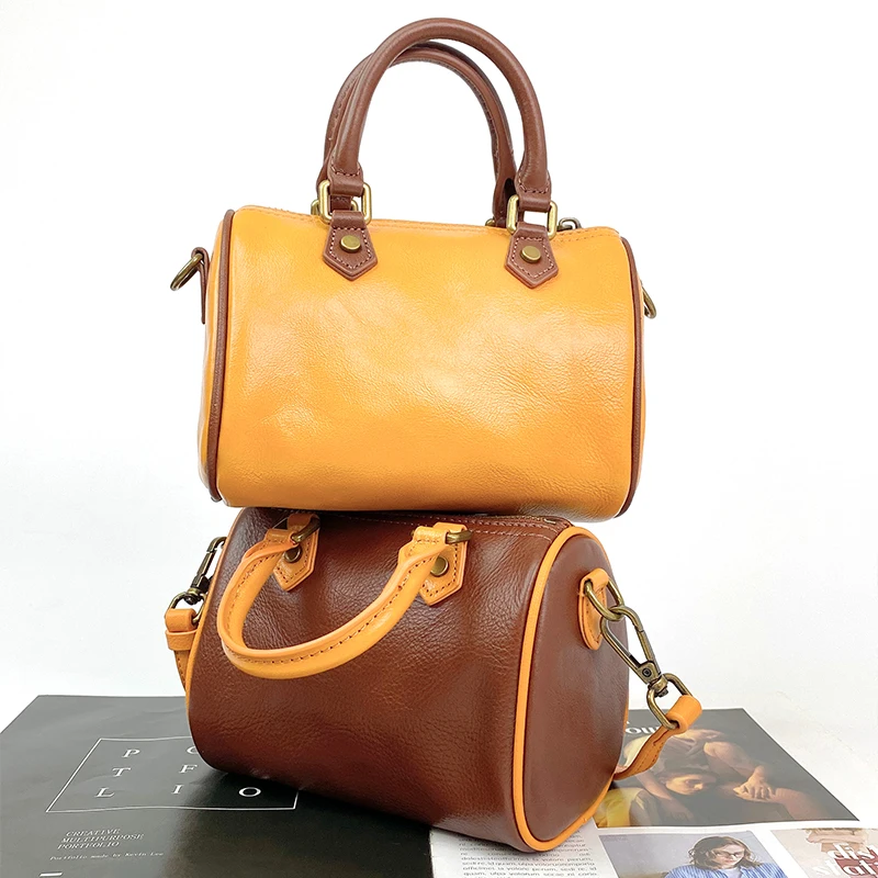 Women\'s Bag Female Vegetable Tanned Cowhide Genuine Leather Handbag Lady Small Boston Pillow Shoulder Bag Lady Messenger 2022