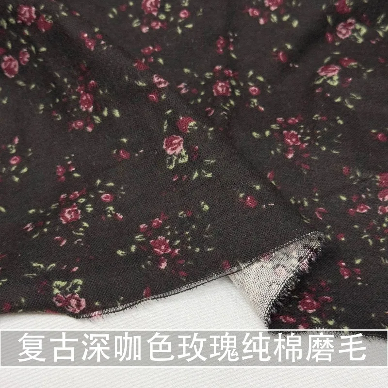 

1 м темно-коричневая роза с цветочным принтом из чистого хлопка, матовая ткань, фланелевая рубашка, пижамная юбка, тонкая бархатная хлопковая ткань, осень и зима