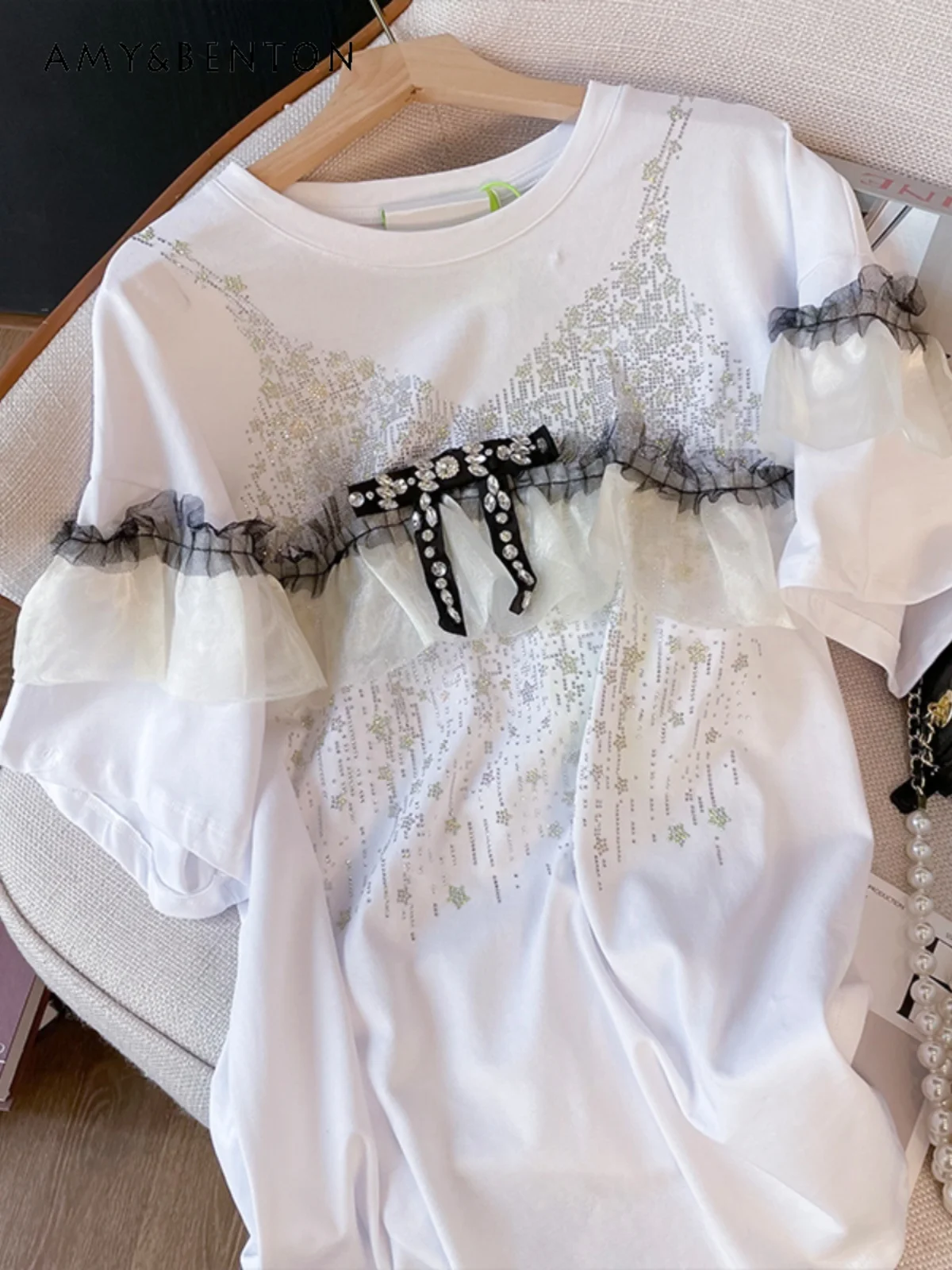 

Summer Fashion Heavy Embroidery Hot Drilling Bow Short Sleeve T-shirt Commute Style Lace Stitching Loose Slim Oversized T Shirt