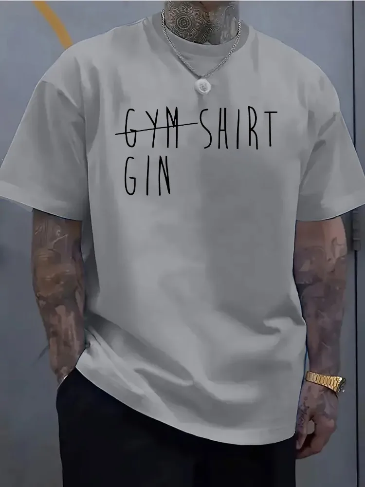 Men Short Sleeve Crew Neck Tee Gym Gin Funny Text Print Cotton Workout Drinking Casual Daily Top For Fitness Lover Adult Guys