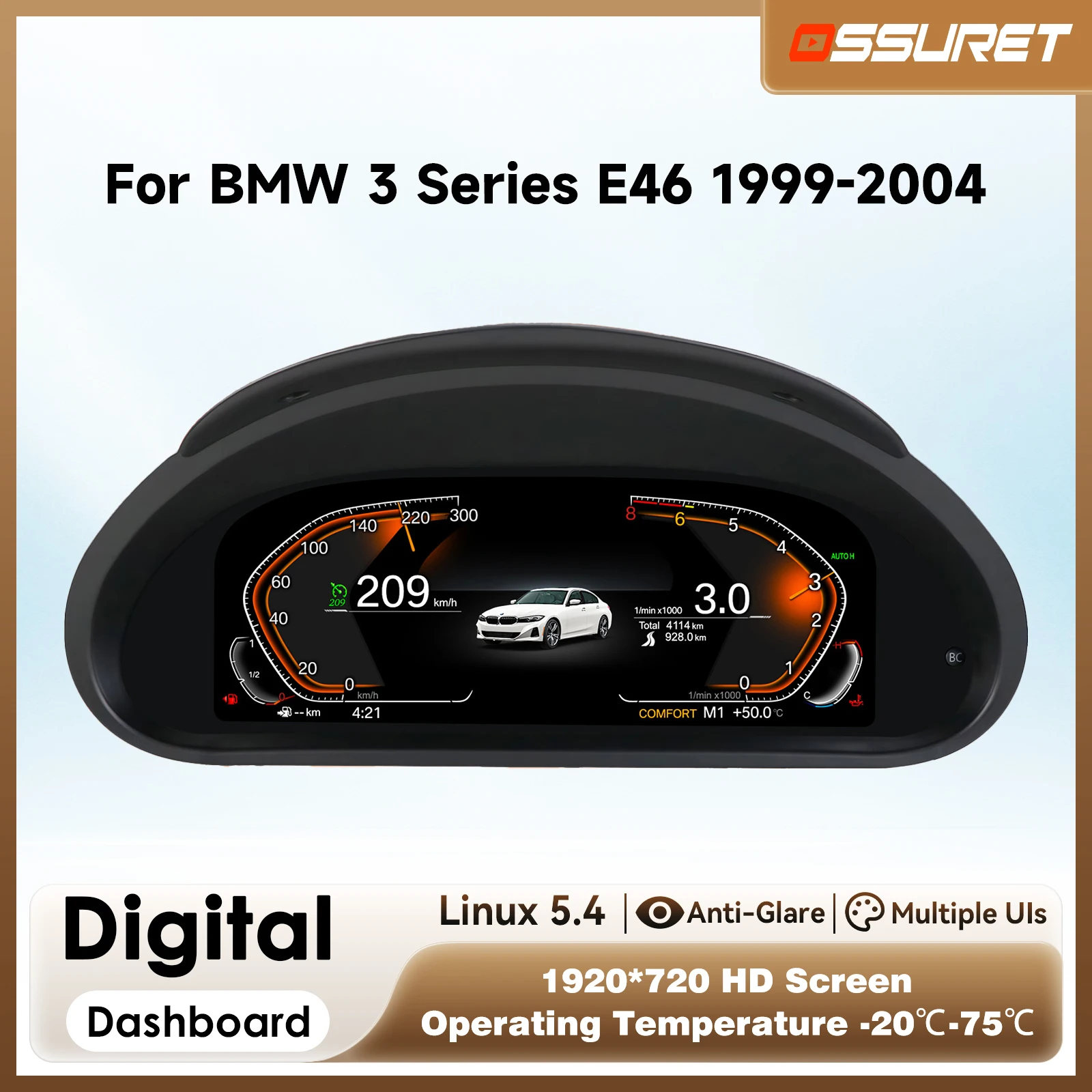 1920*720 HD Dashboard panel For BMW 3 E46 1999 2000 2001 2002 - 2004 Digital Instrument Cluster Virtual Cockpit Linux Head Unit