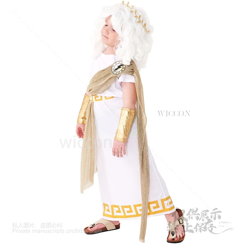 زي زيوس للأطفال - مجموعة توجا الإله الروماني اليوناني مع مسمار وتاج البرق التنكري، أسطوري لعيد الهالوين وعيد الأطفال