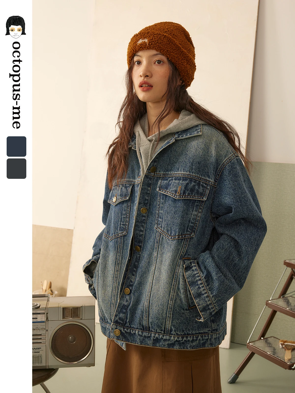 

Octopusme оригинальный дизайн, свободный крой Long Sve Denim Jaet, винтажный повседневный женский топ из смеси хлопка и полиэстера