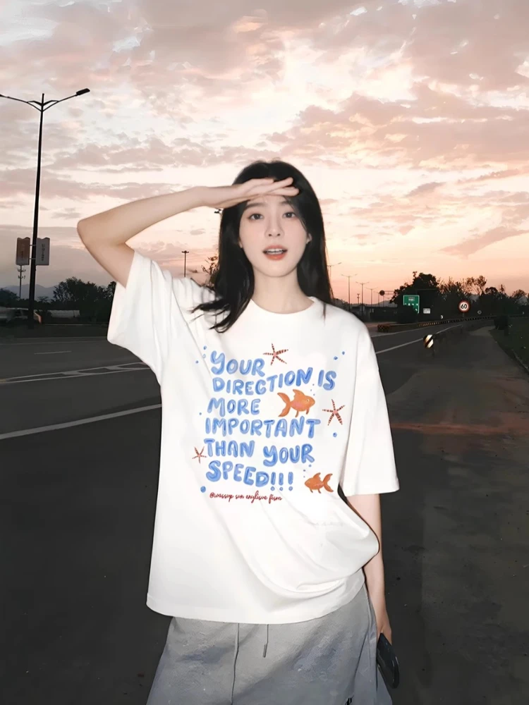 

Summer Kawaii Design Niche T-Shirt Ootd Retro Style Y2k Half Sleeve Tee Cartoon Print Loose Fit Top Pure Cotton Cute Dating