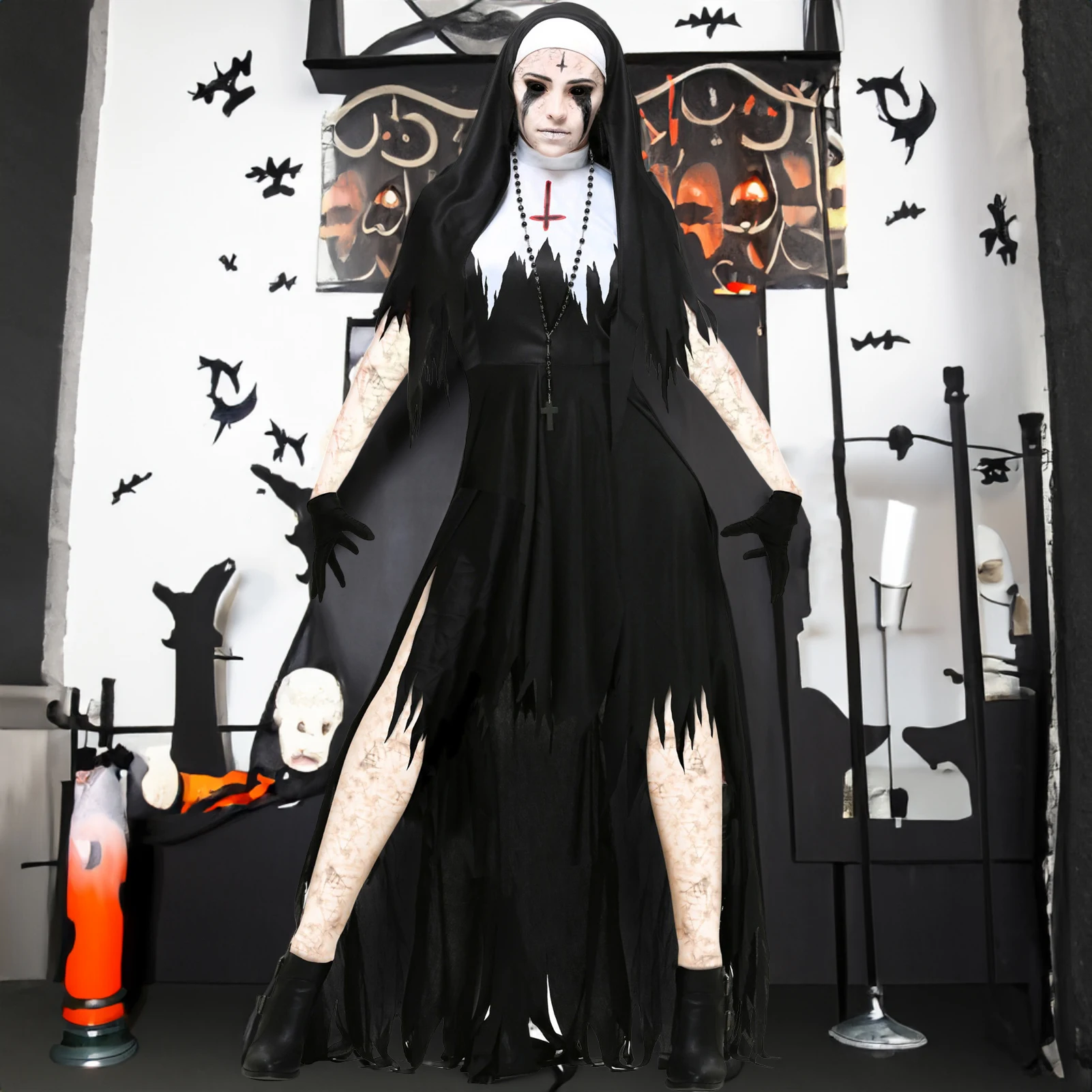 Women Plus Size Scary Nun Costume Halloween Cosplay Party Outfits Gift for Female Girl Neighbor