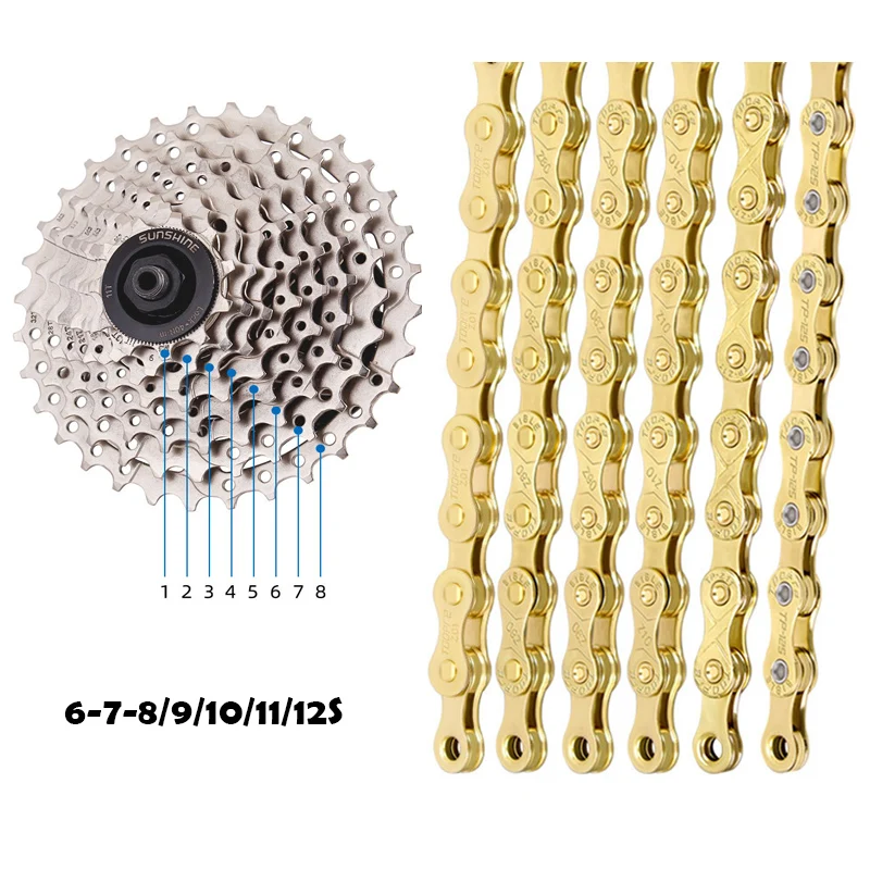 Mountain Bike Gold Chain Road Bike 8/9/10/11/12 Speed Electroplated Rustproof 116 Sections Link Steel Chain Cycling  Accessories