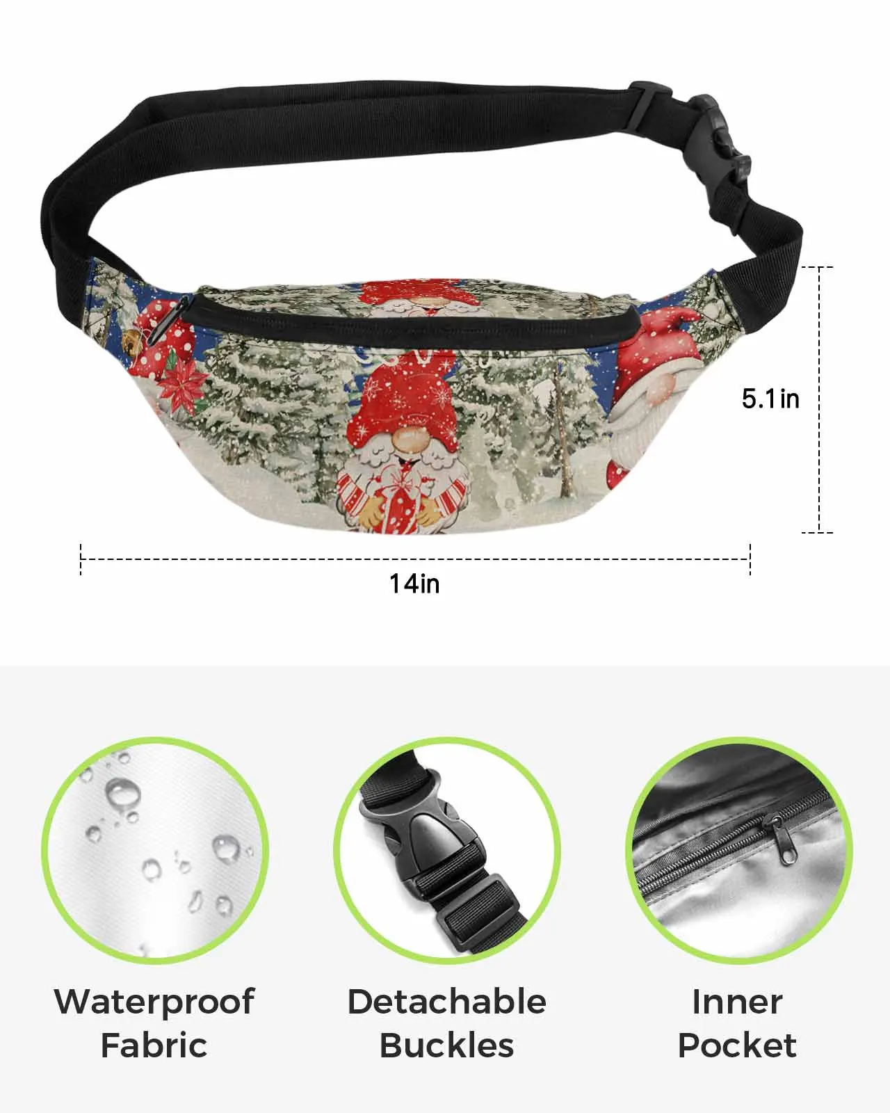 Christmas Dwarf Snowflake Men Women Waist Bag Fanny Pack Phone Belt Bag Wallet Pouch Waterproof Banana Hip Bags