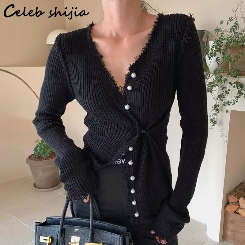 Korean Chic Tassel Sweater Women V-neck  Autumn Single-breasted Knitted Cardigan Ladies Streetwear Sexy Knit Tops Winter