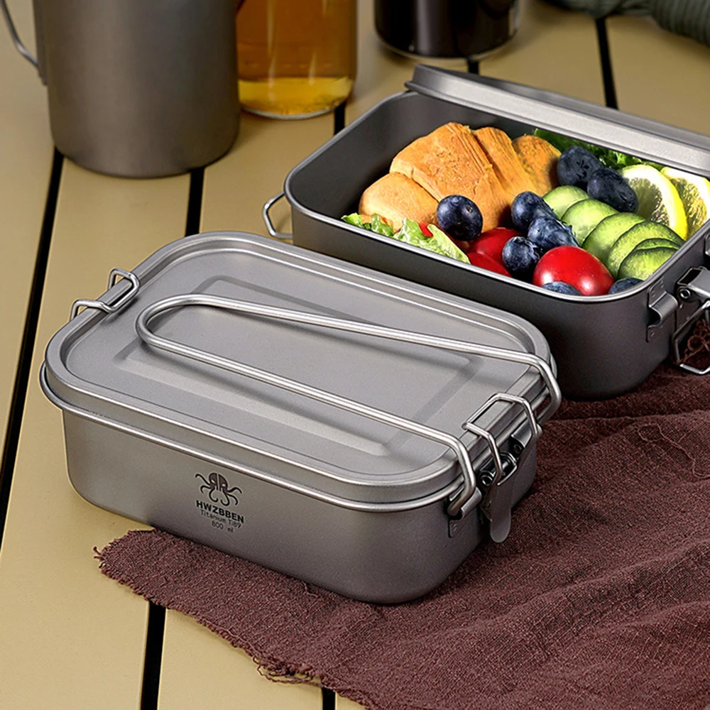 Camping Bento Box Titanium Bento Box Outdoor 800ml Lunch Box Rectangle Food Storage Container for Traveling Hiking