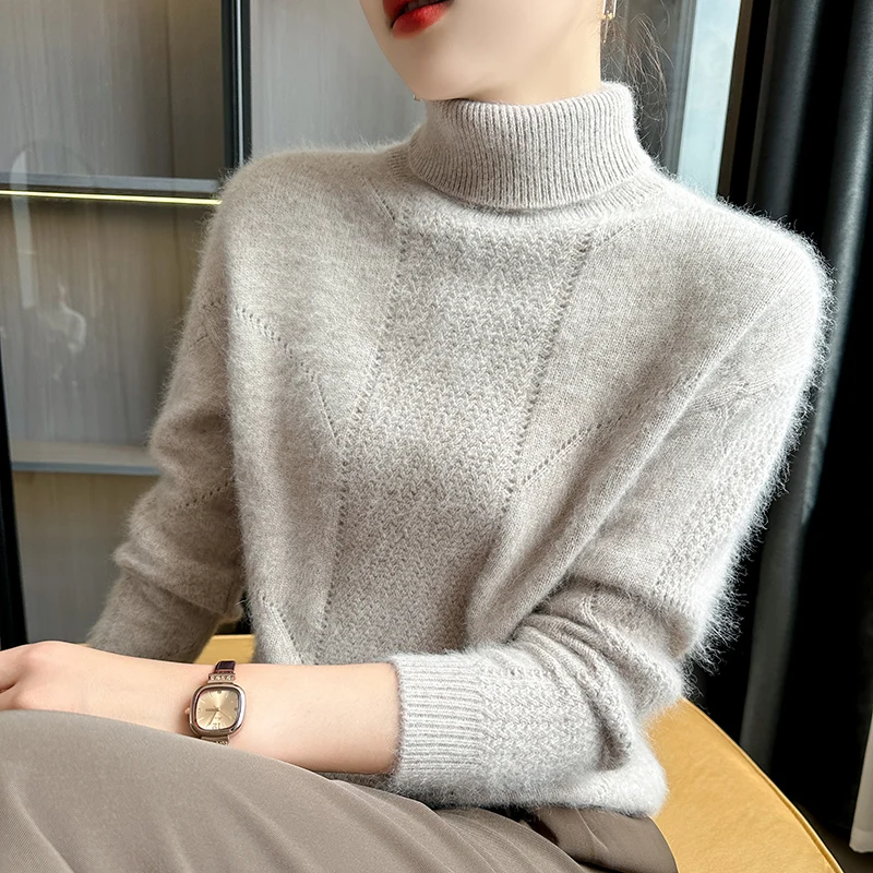 Fall/Winter Thick 100%Pure Mink Cashmere Sweater Women High Lapel Knit Pullover Wild Warm Solid Color Shirt Fashion Korean Tops