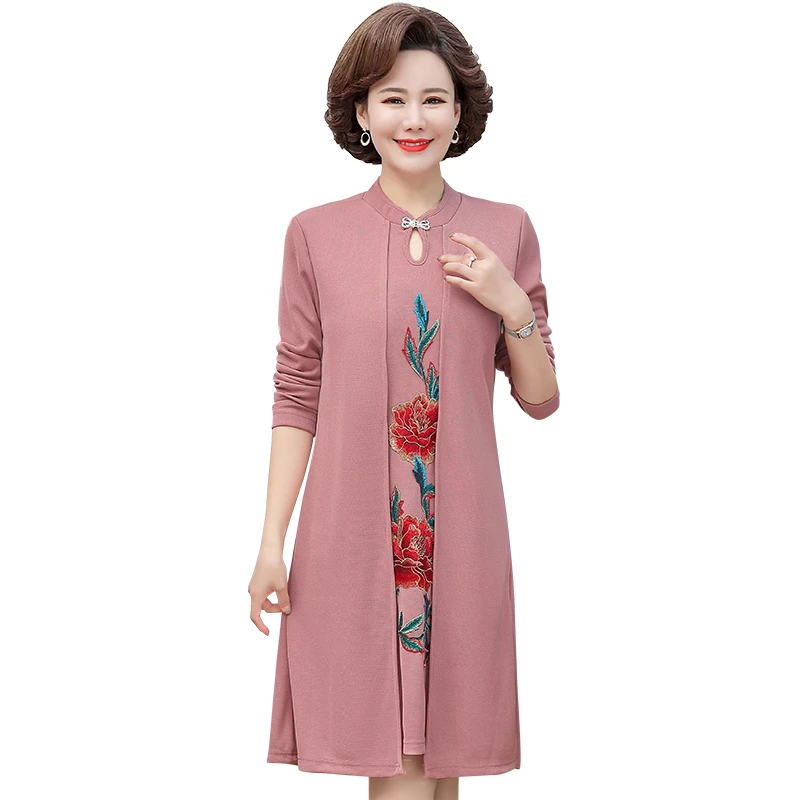 

Spring and autumn women's fake two pieces Dress New O-Neck Long Sleeve Knee-Length Bottom Clothing High Quality