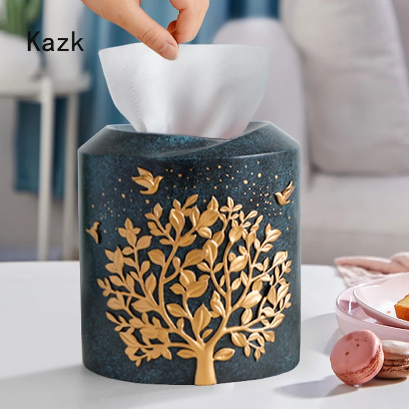 Gold Tree Relief Round Tissue Box Creativity Resin Embellishments Coffee Table Desktop Toilet Paper Boxen Living Room Decoration