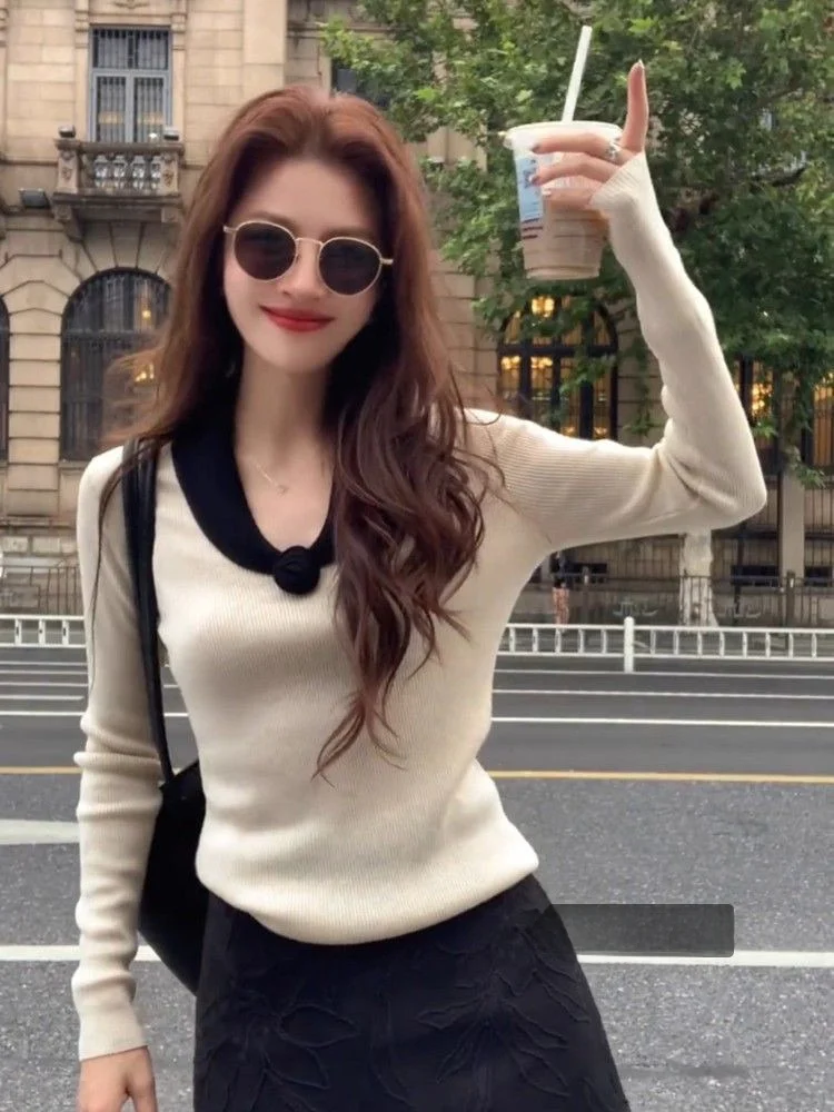 

V-Ne Color Blo Flower Knitted Sweater Women's Slim Fit Spring Design Base irt White Top French Sle Soft Knitwear