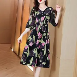 Korean 2024 Summer Women's Spliced V-neck Printed Button Drawstring Fashion Slim Minimalist Casual Seven Quarter Sleeve Dresses