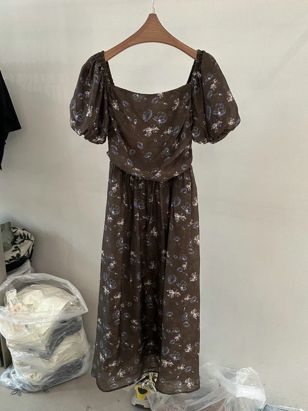 

Retro Floral Print Waist-Cinching Dress Bubble Sleeve Casual Style Women's Shirt Short Sleeve Skin-friendly Breathable Spring...