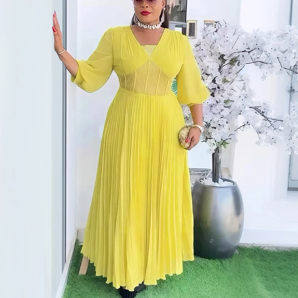 

Elegant Chiffon Dresses for Women Pleated Africa Cloth 2025 Summer New Fashion Dashiki Ankara Wedding Party Turkey Muslim Dress