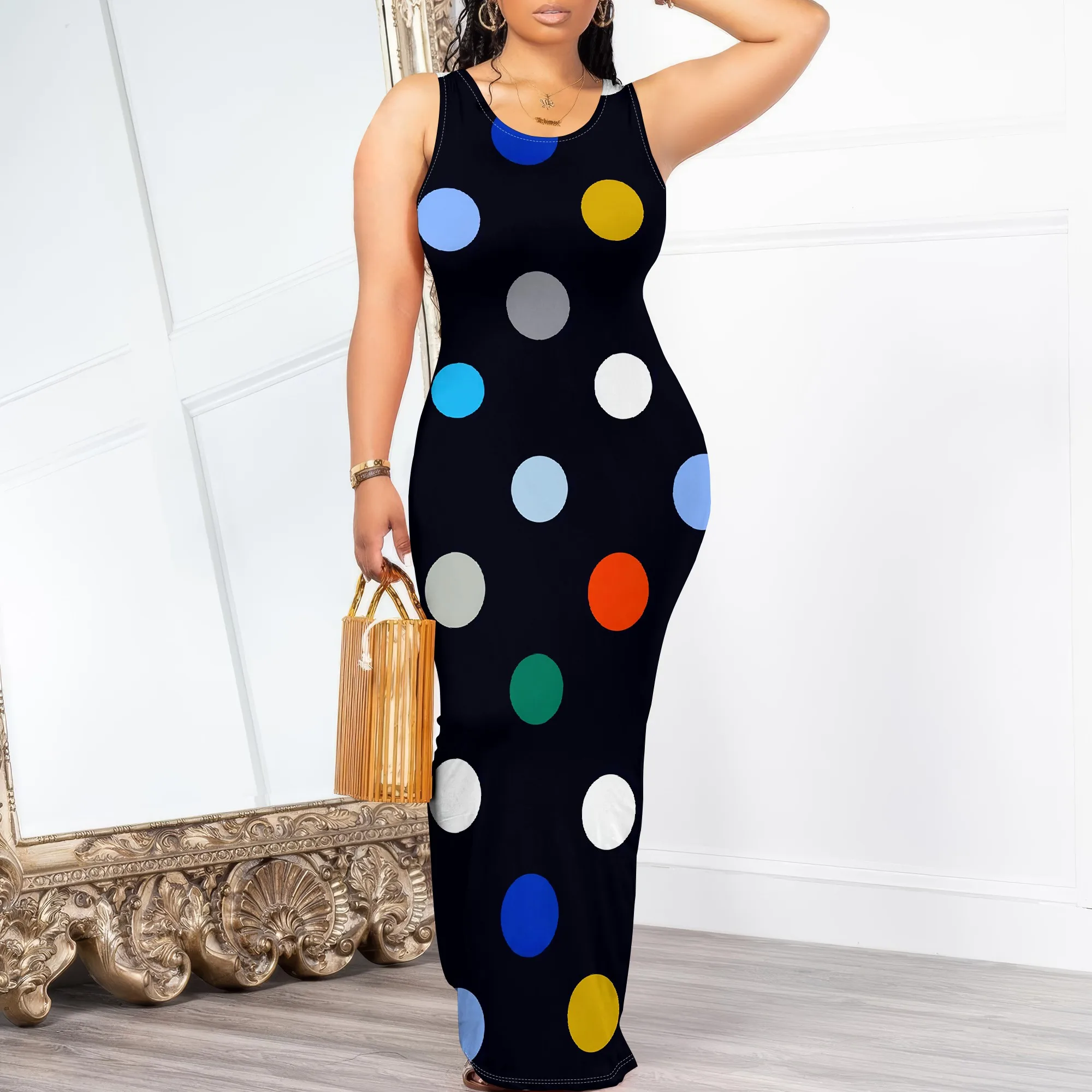 

Polka Dot Women's Maxi Dress 2025 New Arrival Sleeveless Colorful Print Summer Party Dress S-3XL