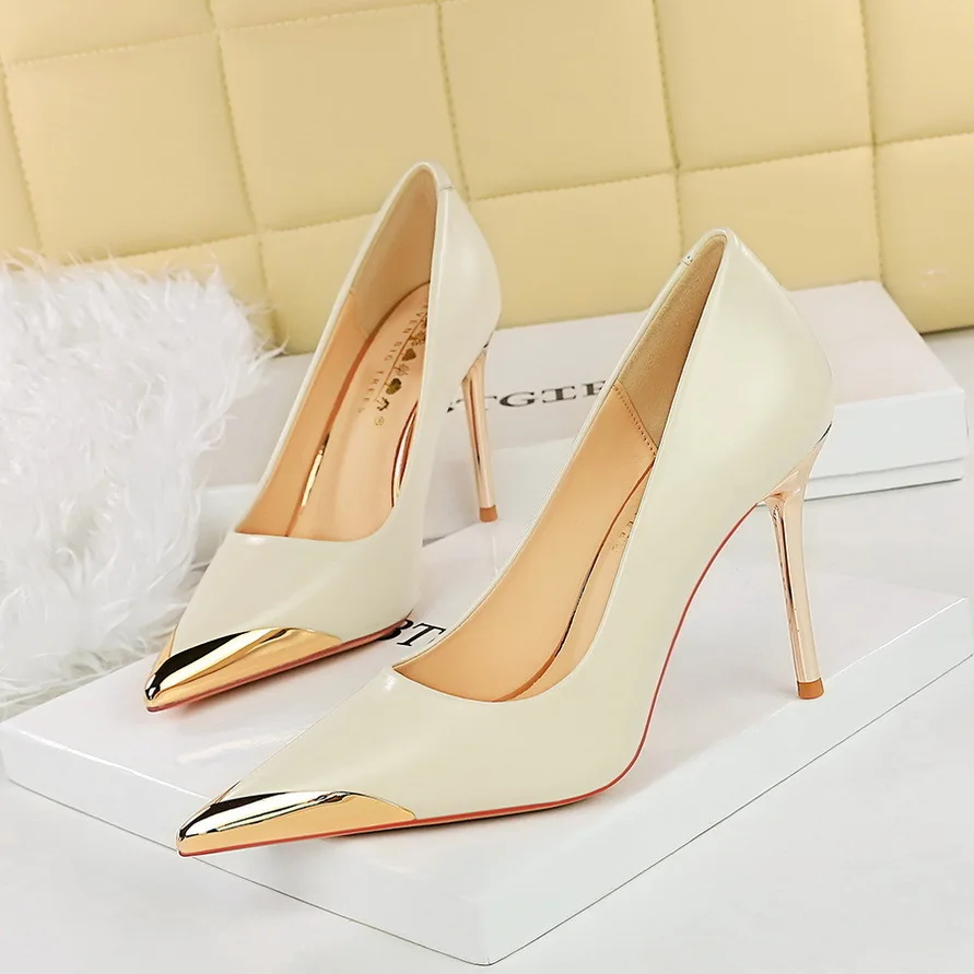 

Style High-heeled Banquet Pumps Women Slim Super High Heels Shallow Mouth Metal Pointed Single Wedding Shoes For туфли женские