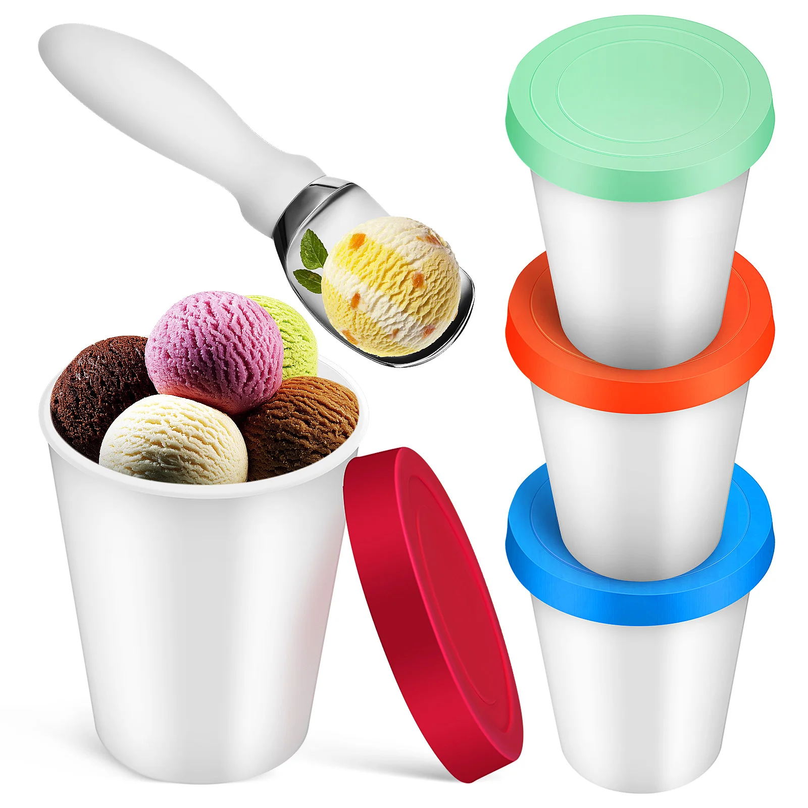 

4 Pcs Ice Cream Cups 250ML Round Plastic Red Blue Spoon Reusable Storage Container Dessert Bowl Kitchen Barware