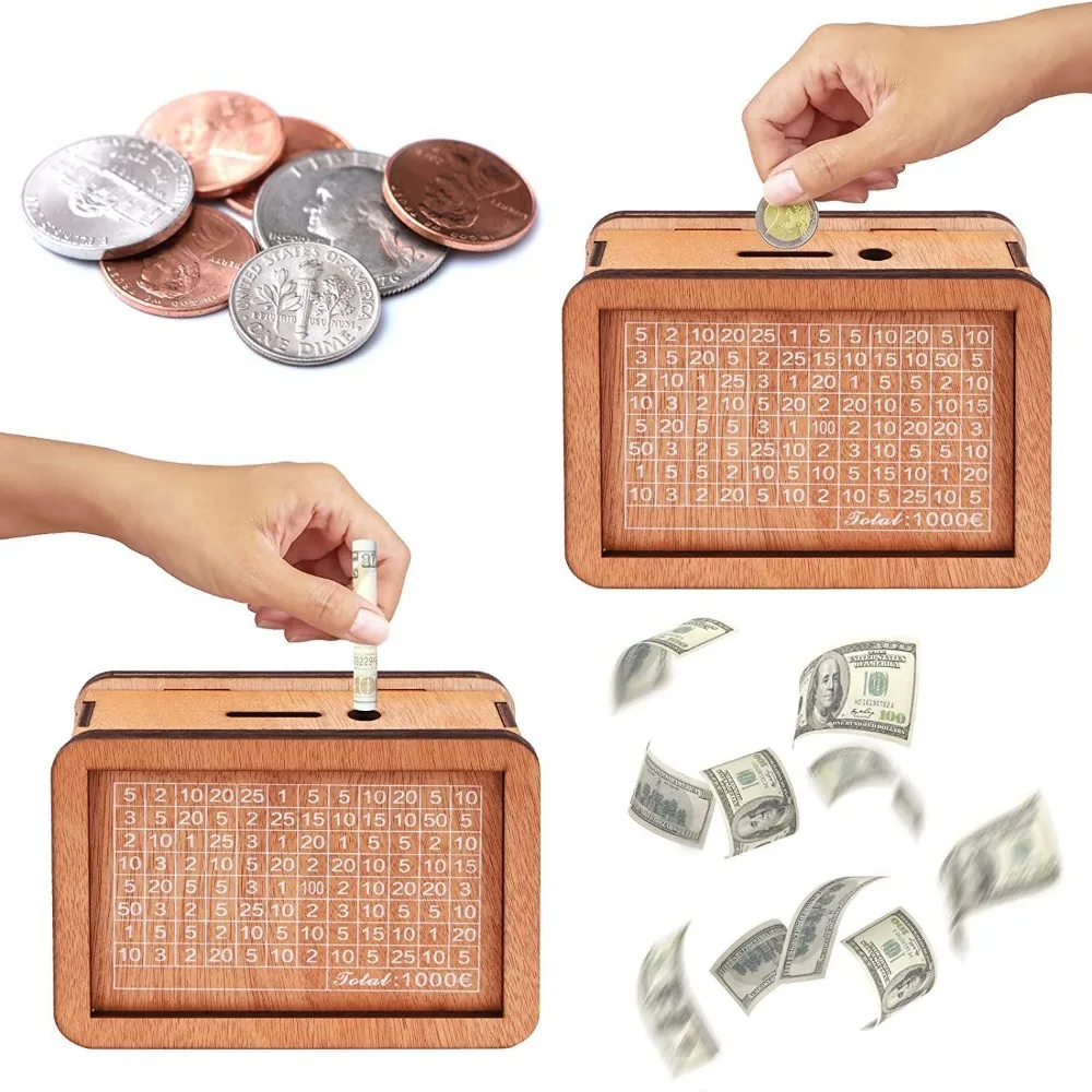 Crafts Wooden Money Box Handmade with Saving Money Goals Counter Piggy Bank Reusable Money Saving Box Helps The Habit of Saving